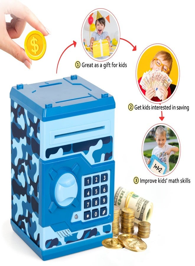 Vcertcpl ATM Piggy Bank for Boys Girls, Vcertcpl Mini ATM Coin Bank Money Saving Box with Password, Kids Safe Money Jar for Adults with Auto Grab Bill Slot, Great Gift Toy Bank for Kids(Camouflage Blue) - Image 5